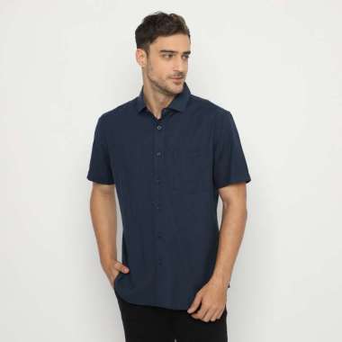 (Special Price) Platini Kemeja Pria Polos Lengan Pendek Katun Chambray Oxford 73316 Navy S