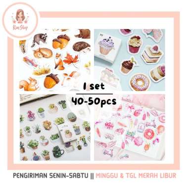 KIM SHOP - 45pcs Stiker Kertas Gambar Hewan Bunga Tanaman Pantai Lucu Kawai Scrapbook Jurnal Diary D