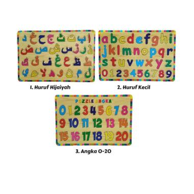 Mainan Kayu Pintar Huruf Hijaiyah Huruf Kecil Dan Angka [Paket Puzzle 3 Pcs]