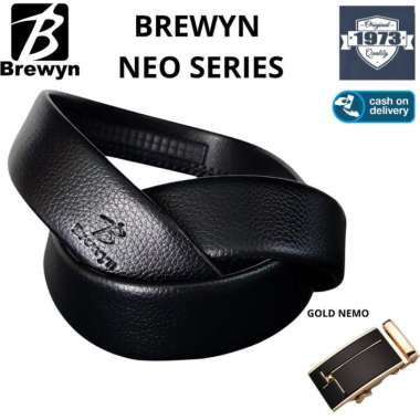 BREWYN NEO SERIES - Ikat pinggang pria rel gesper sabuk KULIT - FREE EXCLUSIVE GIFT BOX BLACK GOLDEN