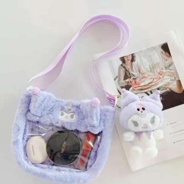 Tas Slempang Bulu Import /Tas Selempang Boneka Kuromi / Tas Cinnamorol Ungu