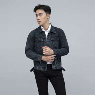 Jaket Jeans Pria Polos Tebal Dilan Jaket Denim Hitam Pudar AA M