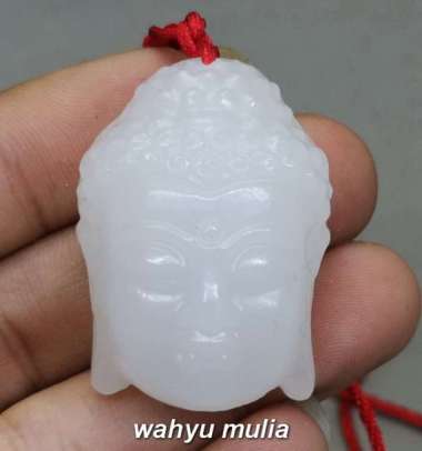 Liontin Batu Giok Salju tali merah kepala Budha Asli (Kode 1826) Putih