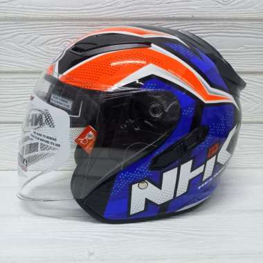 HELM NHK R1 SUBJECT BLACK ORANGE BLUE DOUBLE VISOR HALF FACE XL