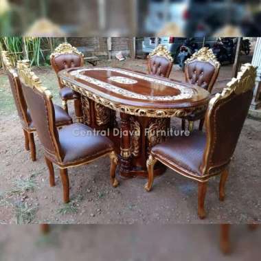 Kursi & Meja Makan Ganesha Salur Ukir Kayu Jati 6 Kursi Ukiran Jepara -- Multicolor