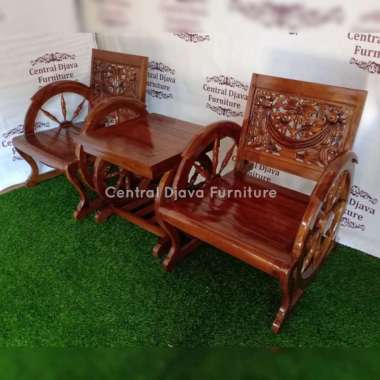 Kursi & Meja Teras Roda Becak Ukir Kayu Jati Ukiran Mebel Jepara Coklat