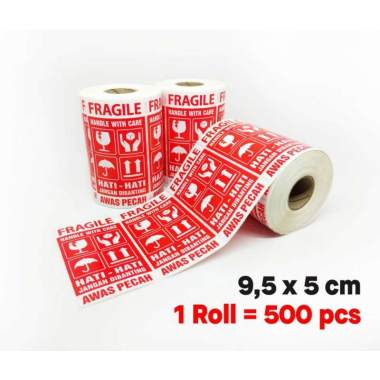 Sticker Fragile Label Hati-Hati Stiker Awas Pecah 9,5 x 5 cm (1 roll/ 500 pcs) Dasar Merah