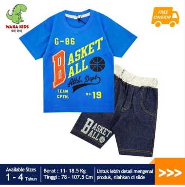 WakaKids Pakaian Bayi Anak Laki Laki Baju Atasan Oblong Lengan Pendek Motif Basket Ball Setelan Cela