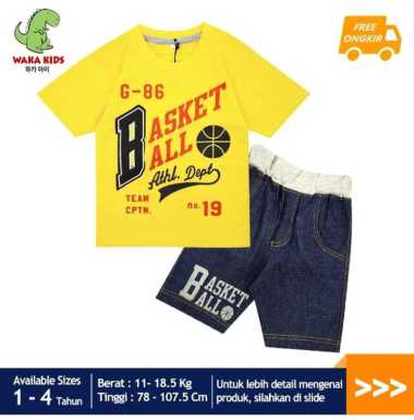 WakaKids Pakaian Bayi Anak Laki Laki Baju Atasan Oblong Lengan Pendek Motif Basket Ball Setelan Cela