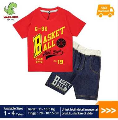 WakaKids Pakaian Bayi Anak Laki Laki Baju Atasan Oblong Lengan Pendek Motif Basket Ball Setelan Cela