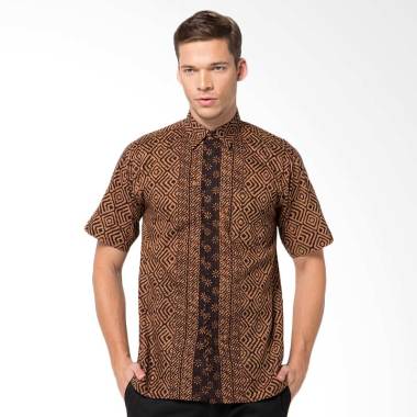 Batik Aksen Tropis Hem Pendek Remek Kotak Besar Atasan Pria - Brown