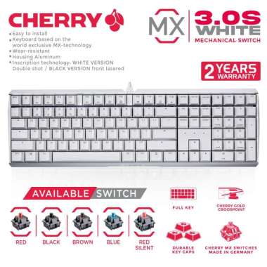 Cherry MX Mechanical Gaming Keyboard White Full Keys - MX 3.0S NBL RED SILENT