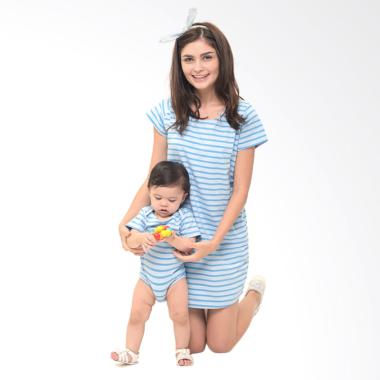 Mooimom Comfort Stripe Nursing T-Shirts Dress Set Baju Couple Ibu Hamil Menyusui & Anak - Blue