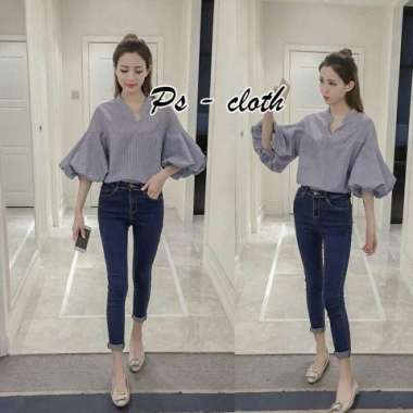 Blouse vneck / blouse salur vneck lengan balon/ atasan vneck balon