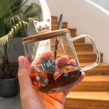 Cangkir Gelas Kopi Cangkir Bening + Sendok + Tutup Kayu Coffee Cup Set IKAN A