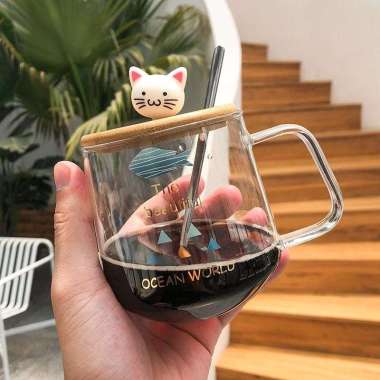 Cangkir Gelas Kopi Cangkir Bening + Sendok + Tutup Kayu Coffee Cup Set IKAN B