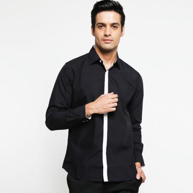 VM Slim Fit Casual Kemeja Panjang Pria - Hitam XL Hitam