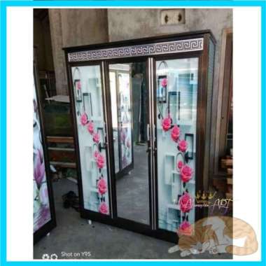 Almari Baju 3 Pintu Kaca Cermin Motif Bunga Alumunium