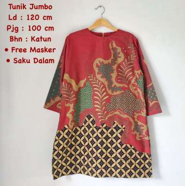 TUNIK JUMBO Fashion Tunik Batik Wanita Bahan Katun Batik Cabut Warna Merah Marun Batik Solo Eksklusi
