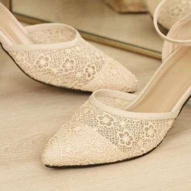 Alivelovearts Corina Sepatu Lace Wanita Heels Crystal Kekinian 40 Cream