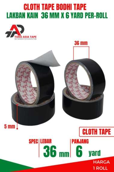 LAKBAN KAIN HITAM / CLOTH TAPE 36MM X 6YARD BODHI TAPE 1 ROLL Hitam