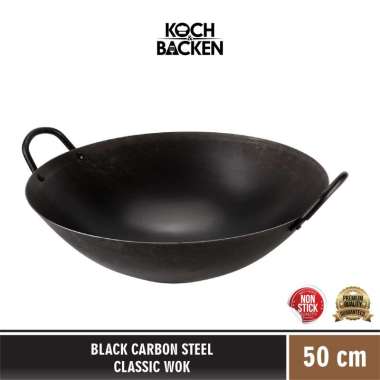 KOCH&BACKEN Black Carbon Steel Classic Wok 50cm Wajan Baja Preseasoned