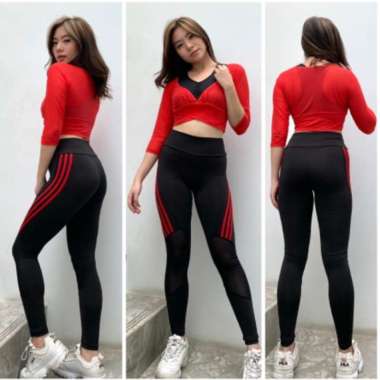 Setelan senam aerobik zumba yoga gym fitness model isi 3 (crop tile 7/8+Bra leni+Legging garis tile)