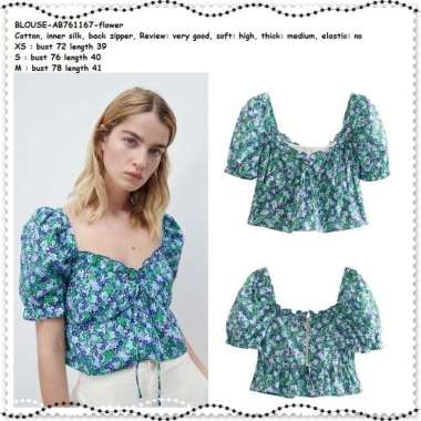 AB761167 Baju Atasan Bunga Wanita Crop Top Blouse Korea Import Biru