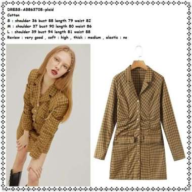 AB863708 Blazer Mini Dress Kemeja Kotak Lengan Panjang Wanita Korea