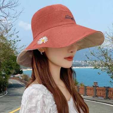 Topi Bucket Wide Wanita / Topi Bucket Pantai / Topi Golf Bisa di pakai bolak balik 2 warna Orange
