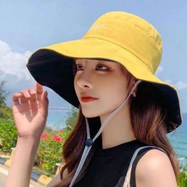 Topi Bucket Wide Wanita / Topi Bucket Pantai / Topi Golf Bisa di pakai bolak balik 2 warna Kuning