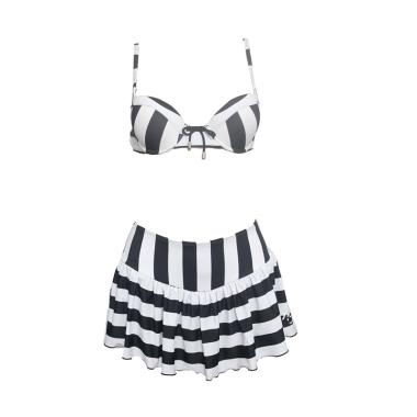 Lasona Premium Atasan Pendek Swimwear Setelan Baju Renang Wanita [SR-2986J-HL0499] L Hitam Putih