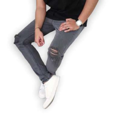 Zweckout Label Celana Jeans Pria Panjang Denim Sobek Ripped Lutut Dark Grey 32 Grey