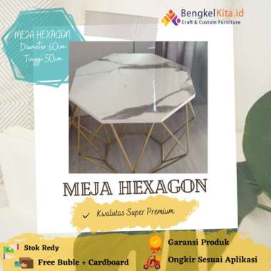 Meja Tamu + Minimalis Industrial + Bundar Putih HPL Marmer