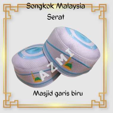 Peci Malaysia Serat Putih Logo masjid garis biru Songkok Malaysia 7