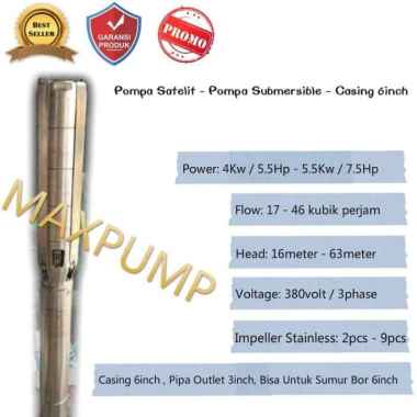 6SP30-4-4 Mesin Pompa Air Satelit Submersible Pump Sumur Bor 6" 5.5Hp Stenlis gold