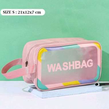Tas kosmetik dan alat mandi TRANSPARAN RAINBOW waterproof PINK size s