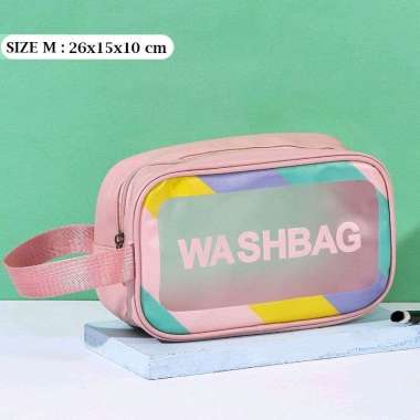 Tas kosmetik dan alat mandi TRANSPARAN RAINBOW waterproof PINK size M