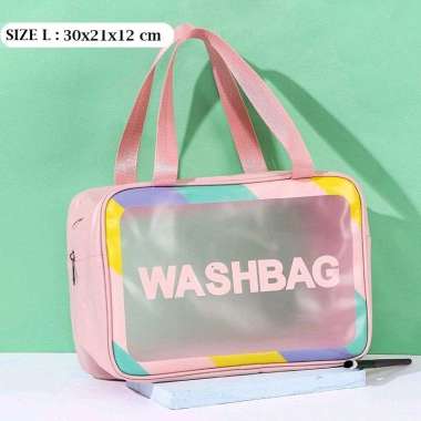 Tas kosmetik dan alat mandi TRANSPARAN RAINBOW waterproof PINK size L
