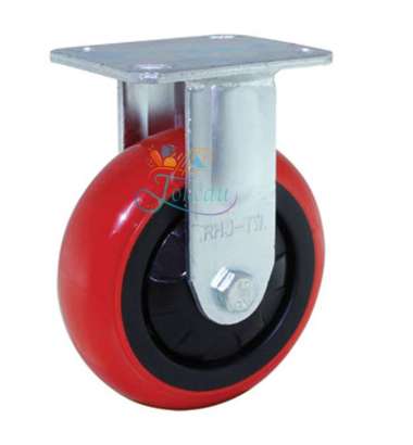 Roda Caster / Troli / Trolly PU Merah 4 Inch Heavy Duty Mati ( Fixed ) RHJ Indonesia