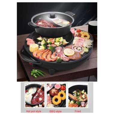 Panci Elektrik 2in1 Bbq Grill Hotpot Sukiyaki Shabu Steam Electric Pan Black