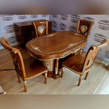 Kursi & Meja Makan Kayu Jati Salina Gendong 4 Kursi Ukiran Jepara -- Multicolor