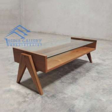 Meja Tamu Rangka Kayu Top Kaca