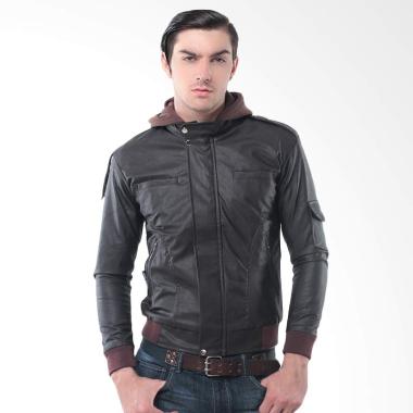 Alphawear Leather Biker Hoodie Jacket Pria - Brown