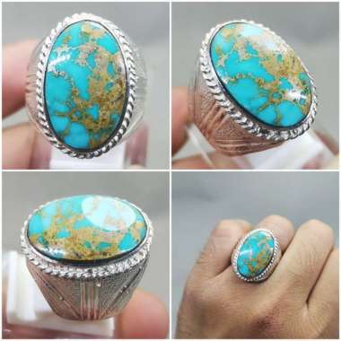 Batu Akik Pirus Urat Emas Asli Ring Perak