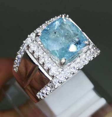 Cincin Batu Natural Aquamarine Asli Ring Perak