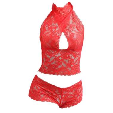 B283 - Bikini Bra Set Halterneck Merah Transparan