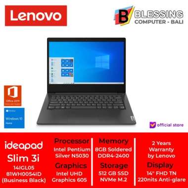 harga LENOVO IdeaPad Slim 3i 14IGL05 81WH0054ID Pentium Silver N5030 8GB W10 Business Black Blibli.com