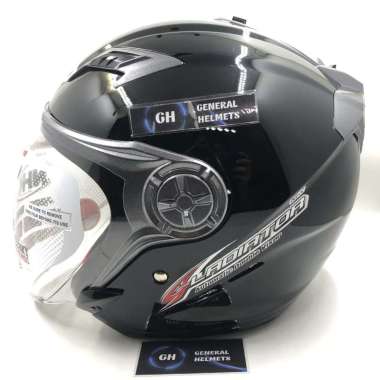 HELM NHK GLADIATOR SOLID BLACK GLOSSY HITAM DOUBLE VISOR HALF FACE L