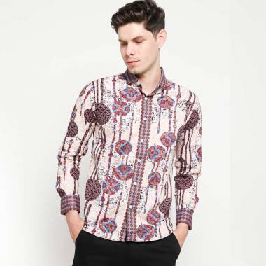 VM Modern Slimfit Kemeja Batik Lengan Panjang Pria L Maroon-Taupe-Peach
